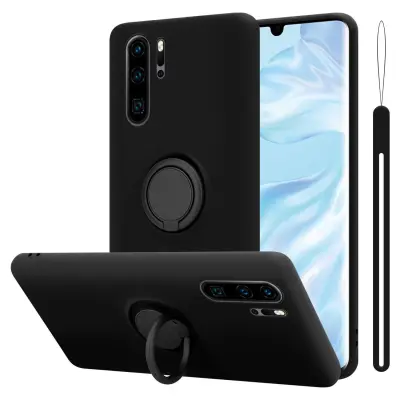 CADORABO Ohišje, združljiv s Huawei v tekoči črni barvi - zaščitni pokrov iz fleksibilnega silikona TPU z obročem