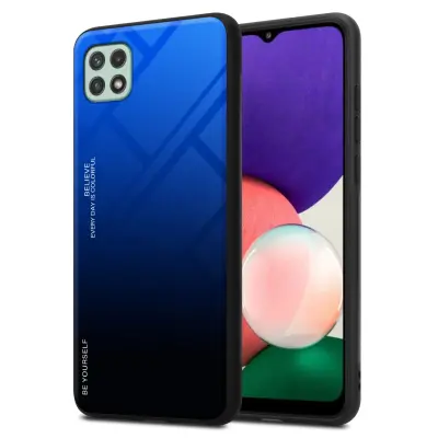 CADORABO Ohišje, združljiv s Samsungom v modri barvi - črni - dvobarvni zaščitni pokrov iz silikona TPU in hrbta iz kaljenega stekla