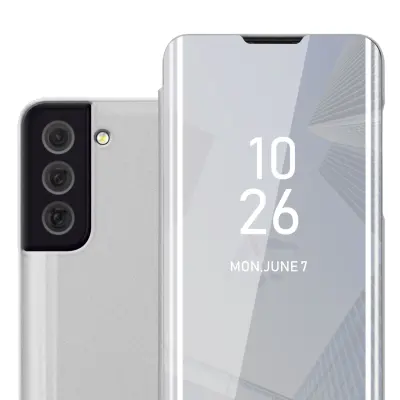CADORABO Ohišje, združljiv s Samsungom v Agate Silver - Clear View Zrcalo Zaščitni pokrov s funkcijo stojala 360 stopinj zaščita
