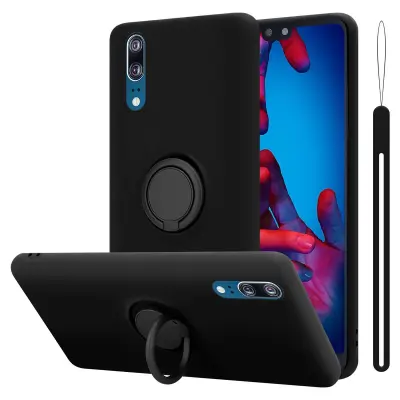 CADORABO Ohišje, združljiv s Huawei v tekoči črni barvi - zaščitni pokrov iz fleksibilnega silikona TPU z obročem