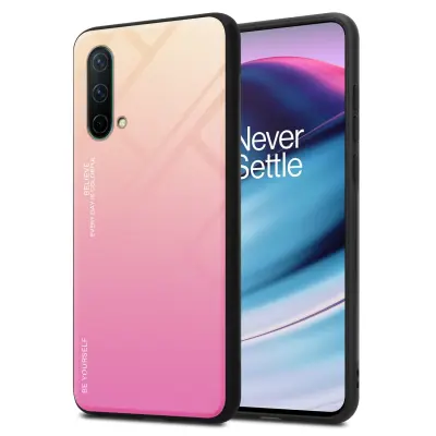 CADORABO Ohišje, združljiv z OnePlus v rumeni - roza - dvobarvni zaščitni pokrov iz silikona TPU in hrbta iz kaljenega stekla