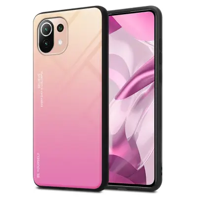 CADORABO Ohišje, združljiv z Xiaomi v rumeni - roza - dvobarvni zaščitni pokrov iz silikona TPU in hrbta iz kaljenega stekla
