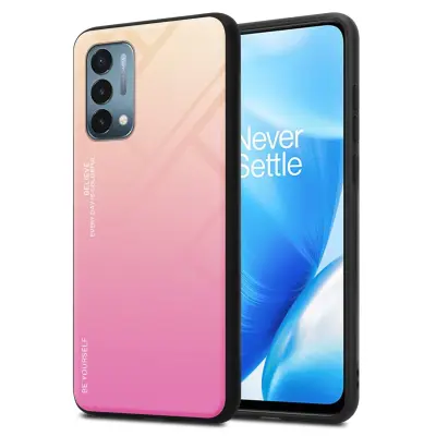 CADORABO Ohišje, združljiv z OnePlus v rumeni - roza - dvobarvni zaščitni pokrov iz silikona TPU in hrbta iz kaljenega stekla