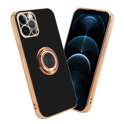 CADORABO Apple v sijajnem črni barvi - zlato z obročem silikonski/TPU ovitek z zaščito pred kamero in držalom magnetnega avtomobila