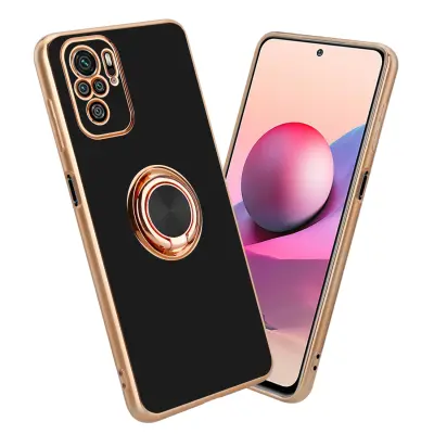 CADORABO Xiaomi v sijajnem črni barvi - zlato z obročem silikonski/TPU ovitek z zaščito pred kamero in držalom magnetnega avtomobila