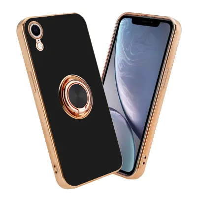 CADORABO Apple v sijajnem črni barvi - zlato z obročem silikonski/TPU ovitek z zaščito pred kamero in držalom magnetnega avtomobila