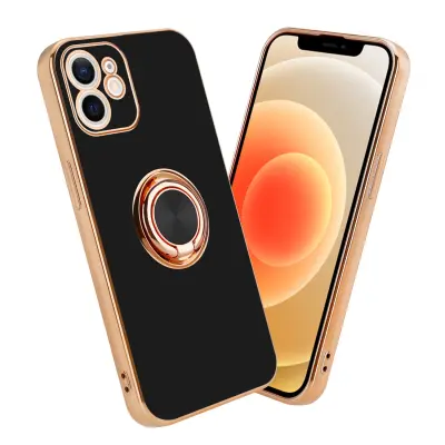 CADORABO Apple v sijajnem črni barvi - zlato z obročem silikonski/TPU ovitek z zaščito pred kamero in držalom magnetnega avtomobila