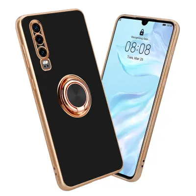 CADORABO Huawei v sijajnem črni barvi - Zlato z obročem silikonski/TPU ovitek z zaščito pred kamero in držalo magnetnega avtomobila