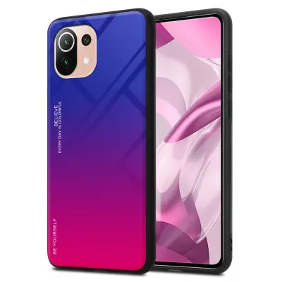 CADORABO Ohišje, združljiv z Xiaomi v vijolični - rdeči - dvobarvni zaščitni pokrov, narejen iz silikona TPU in hrbta iz kaljenega stekla