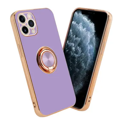 CADORABO Apple v sijajnem svetlobnem vijoličnem - Zlato z obročem silikonski/TPU ovitek z zaščito pred kamero in držalom magnetnega avtomobila