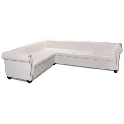 vidaXL Chesterfield kotna sedežna garnitura umetno usnje bela