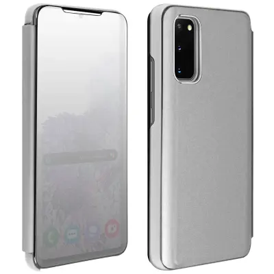 Ovitek s stojalom za Samsung Galaxy S20 z ucinkom ogledala - srebrn