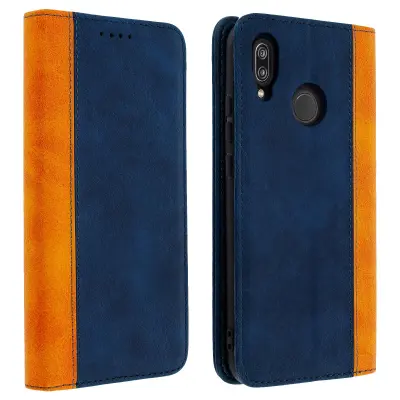 Ovitek za denarnico v patiniranem in dvobarvnem videzu usnja z zgornjim šivom - Midnight Blue str. Huawei P20 Lite