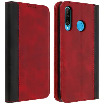Etui za denarnico v patiniranem in dvobarvnem videzu usnja s šivi na vrhu - rdeca p. Huawei P30 Lite