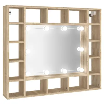 vidaXL Omarica z ogledalom in LED lučkami sonoma hrast 91x15x76,5 cm