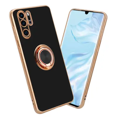 CADORABO Huawei v sijajnem črni barvi - Zlato z obročem silikonski/TPU ovitek z zaščito pred kamero in držalo magnetnega avtomobila
