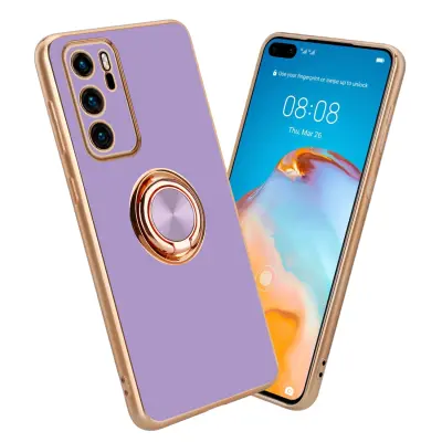 CADORABO Huawei v sijajnem svetlobnem vijoličnem - Zlato z obročem silikonski/TPU ovitek z zaščito pred kamero in držalo magnetnega avtomobila