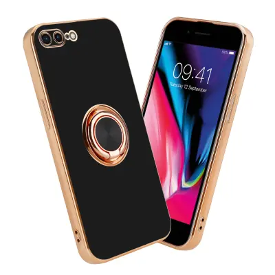 CADORABO Apple v sijajnem črni barvi - zlato z obročem silikonski/TPU ovitek z zaščito pred kamero in držalom magnetnega avtomobila