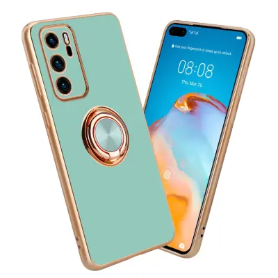 CADORABO Huawei v sijajni turkizni - Zlato z obročem silikonski/TPU ovitek z zaščito pred kamero in držalo magnetnega avtomobila