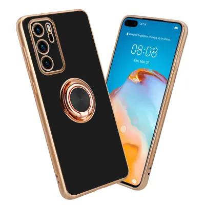 CADORABO Huawei v sijajnem črni barvi - Zlato z obročem silikonski/TPU ovitek z zaščito pred kamero in držalo magnetnega avtomobila