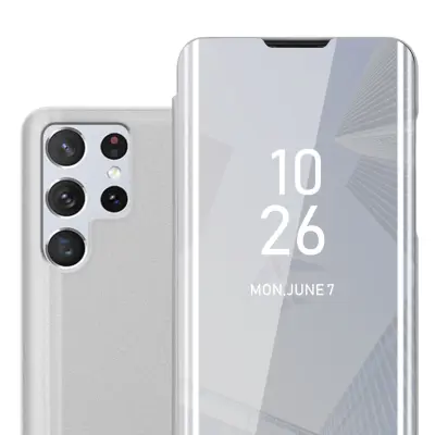 CADORABO Ohišje, združljiv s Samsungom v Agate Silver - Clear View Zrcalo Zaščitni pokrov s funkcijo stojala 360 stopinj zaščita