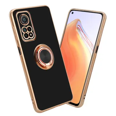 CADORABO Xiaomi v sijajnem črni barvi - zlato z obročem silikonski/TPU ovitek z zaščito pred kamero in držalom magnetnega avtomobila