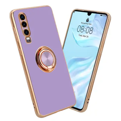 CADORABO Huawei v sijajnem svetlobnem vijoličnem - Zlato z obročem silikonski/TPU ovitek z zaščito pred kamero in držalo magnetnega avtomobila