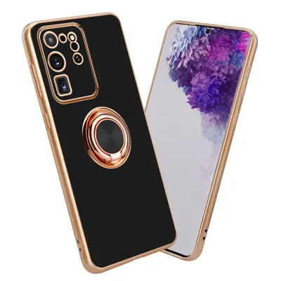 CADORABO Samsung v sijajnem črni barvi - Zlato z obročem silikonski/TPU ovitek z zaščito pred kamero in držalom za magnetni avtomobil