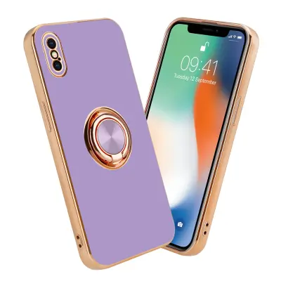 CADORABO Apple v sijajnem svetlobnem vijoličnem - Zlato z obročem silikonski/TPU ovitek z zaščito pred kamero in držalom magnetnega avtomobila