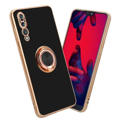 CADORABO Huawei v sijajnem črni barvi - Zlato z obročem silikonski/TPU ovitek z zaščito pred kamero in držalo magnetnega avtomobila