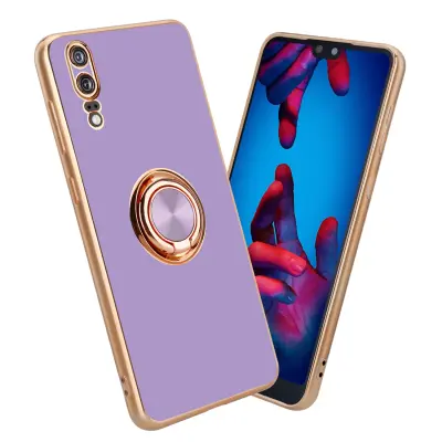 CADORABO Huawei v sijajnem svetlobnem vijoličnem - Zlato z obročem silikonski/TPU ovitek z zaščito pred kamero in držalo magnetnega avtomobila