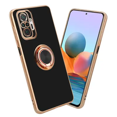 CADORABO Xiaomi v sijajnem črni barvi - zlato z obročem silikonski/TPU ovitek z zaščito pred kamero in držalom magnetnega avtomobila