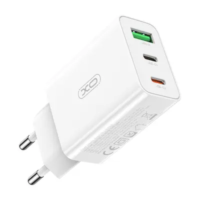 Stenski polnilec XO L101, USB + 2x USB-C, PD 20W (bel)