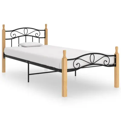 vidaXL Posteljni okvir črna kovina in trdna hrastovina 90x200 cm