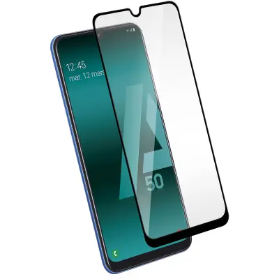 Zašcita zaslona iz poševnega kaljenega stekla, popolna oprijemljivost - prozorna s crnim obrisom str. Samsung Galaxy A50