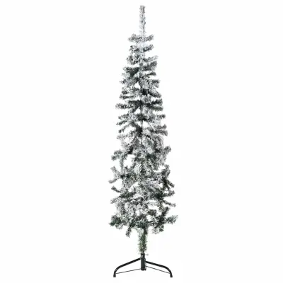 vidaXL Ozka umetna polovična novoletna jelka s snegom 150 cm