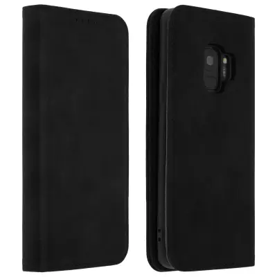Ovitek za denarnico v videzu postaranega usnja, funkcija video podpore - crna str. Samsung Galaxy S9