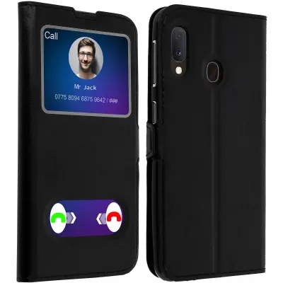 Preklopna prevleka z dvojnim oknom in stojalo za video - crna str. Samsung Galaxy A20e