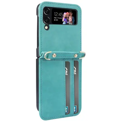 Ovitek za Samsung Z Flip 4 Leather Card Holder Strap Versatile Case turkizen