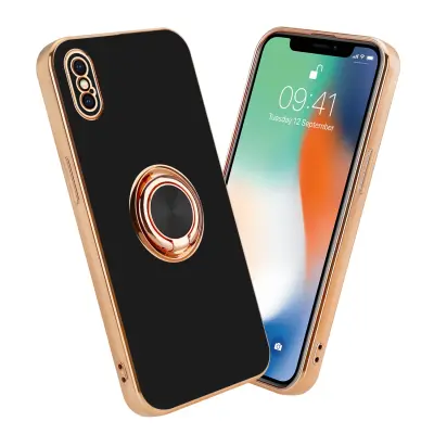 CADORABO Apple v sijajnem črni barvi - zlato z obročem silikonski/TPU ovitek z zaščito pred kamero in držalom magnetnega avtomobila