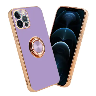 CADORABO Apple v sijajnem svetlobnem vijoličnem - Zlato z obročem silikonski/TPU ovitek z zaščito pred kamero in držalom magnetnega avtomobila