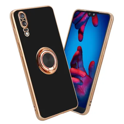 CADORABO Huawei v sijajnem črni barvi - Zlato z obročem silikonski/TPU ovitek z zaščito pred kamero in držalo magnetnega avtomobila