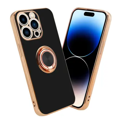 CADORABO Apple v sijajnem črni barvi - zlato z obročem silikonski/TPU ovitek z zaščito pred kamero in držalom magnetnega avtomobila