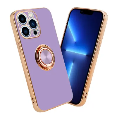 CADORABO Apple v sijajnem svetlobnem vijoličnem - Zlato z obročem silikonski/TPU ovitek z zaščito pred kamero in držalom magnetnega avtomobila