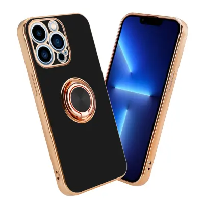 CADORABO Apple v sijajnem črni barvi - zlato z obročem silikonski/TPU ovitek z zaščito pred kamero in držalom magnetnega avtomobila