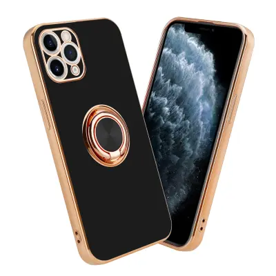 CADORABO Apple v sijajnem črni barvi - zlato z obročem silikonski/TPU ovitek z zaščito pred kamero in držalom magnetnega avtomobila