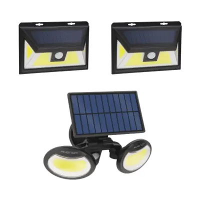 Solarni LED komplet - 2x stenska solarna LED svetilka 5W 300lm + solarni reflektor 8W 500lm s senzorjem gibanja in mraka ter 3 načini delovanja