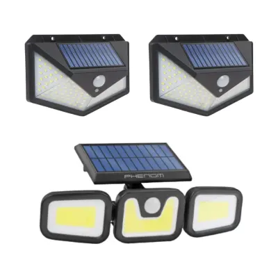Solarni LED komplet - 2x stenska solarna svetilka 136 LED 5W 260lm + 1x  solarni reflektor 10W 600lm s PIR senzorjem in 3 načini delovanja