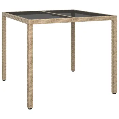 vidaXL Vrtna miza 90x90x75 cm kaljeno steklo in poli ratan bež