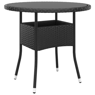 vidaXL Vrtna miza Ø80x75 cm kaljeno steklo in poli ratan črna